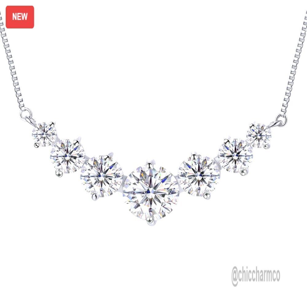 7 Stone Moissanite Pendant Necklace 18k Gold Plated Sterling Silver 19.5 Inch